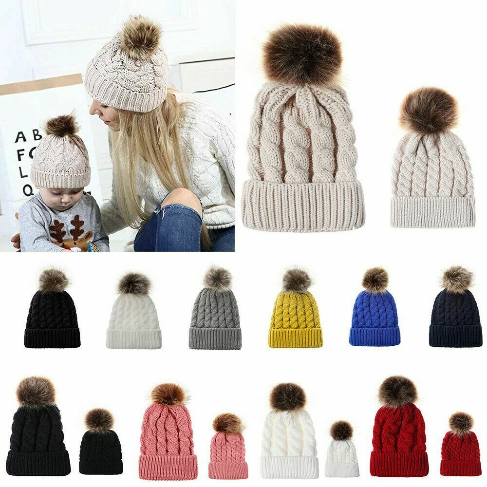Women Kids Winter Beanie Hat Knitted Warm Faux Fur Pom Pom Bobble Ski Cap