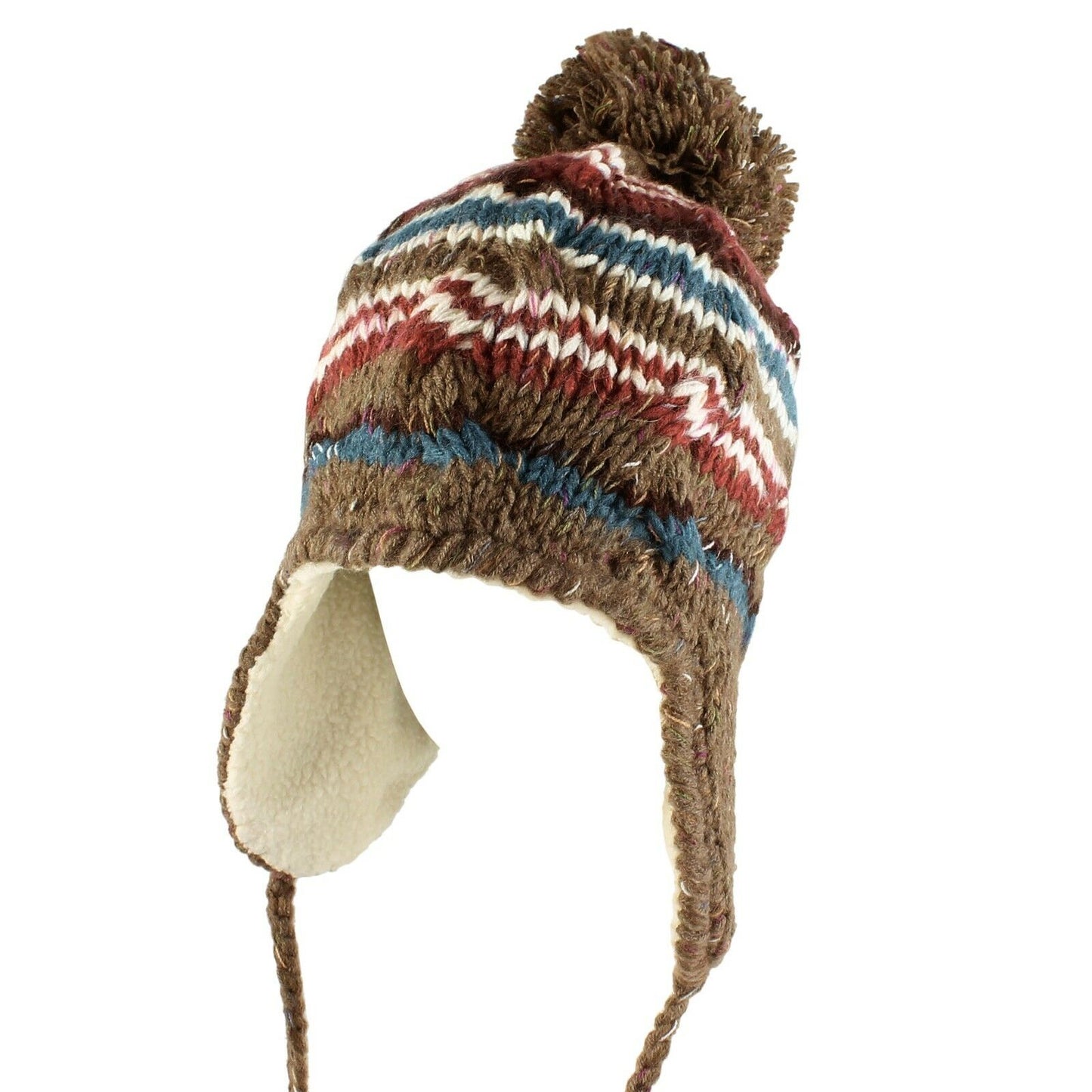 Women's Multi Stripe Knit Pom Pom Trapper Beanie Warm Winter Hat with String