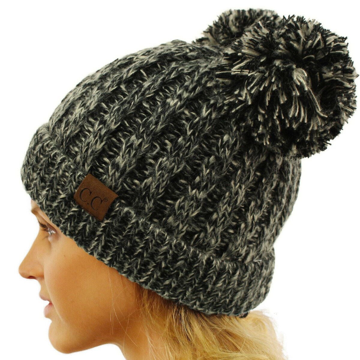 Winter Cute 2Pom Pom Ears 2tone Soft Warm Thick Chunky Knit Beanie Hat