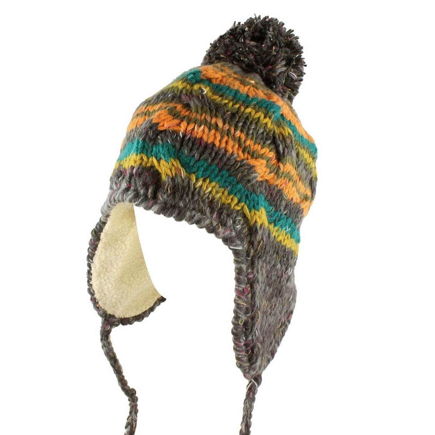 Women's Multi Stripe Knit Pom Pom Trapper Beanie Warm Winter Hat with String