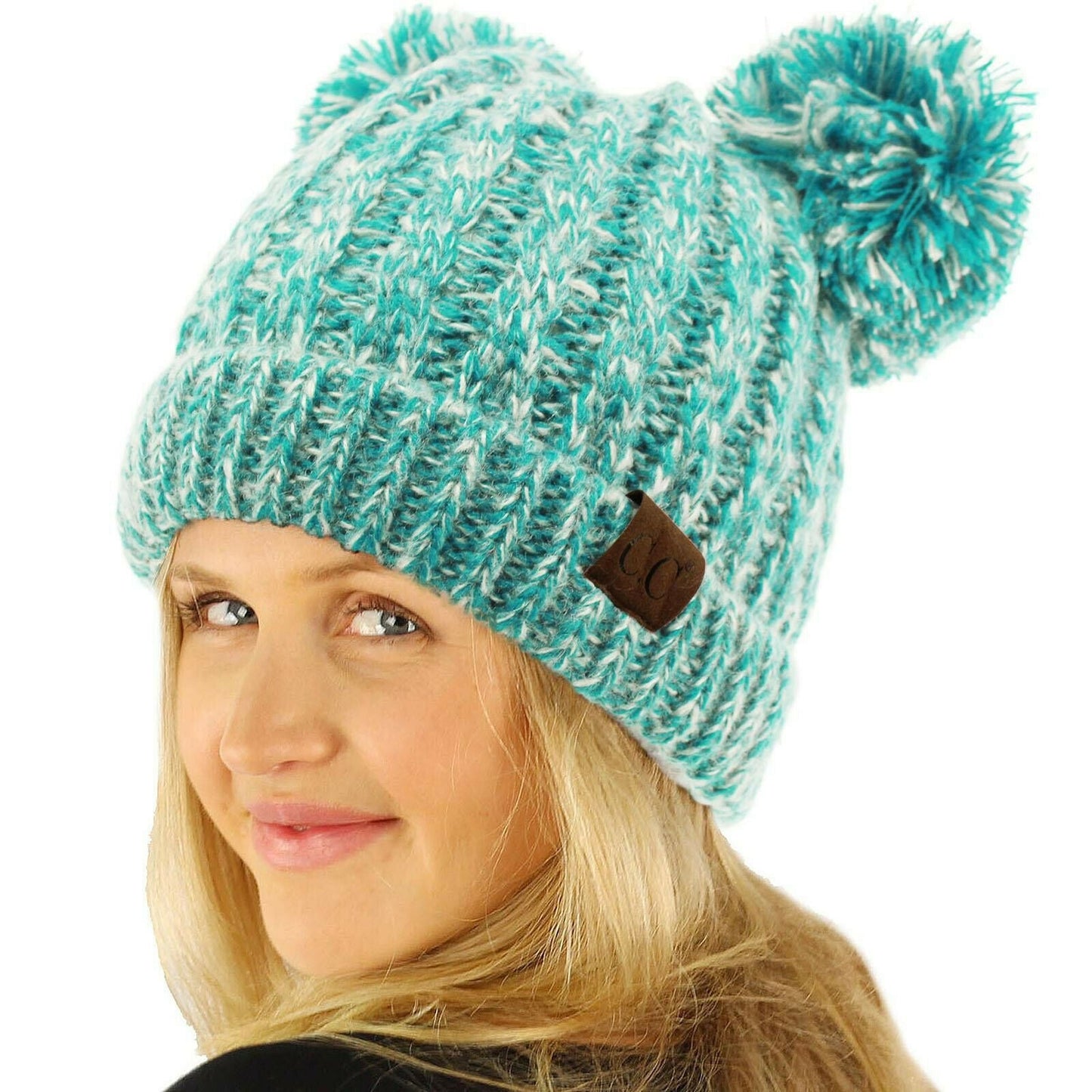 Winter Cute 2Pom Pom Ears 2tone Soft Warm Thick Chunky Knit Beanie Hat